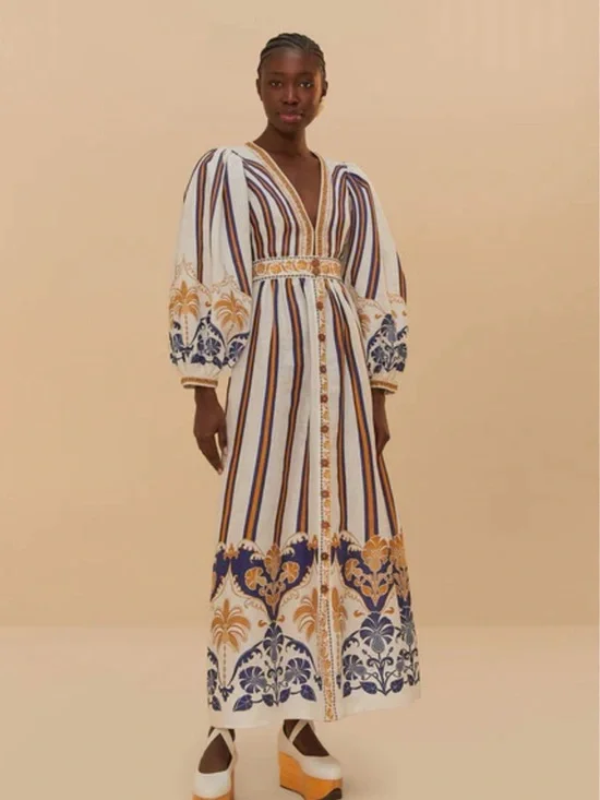 FARM Rio White Pineapple Deco Maxi Dress Linen Viscose Blend Size M NWT - Picture 3 of 12